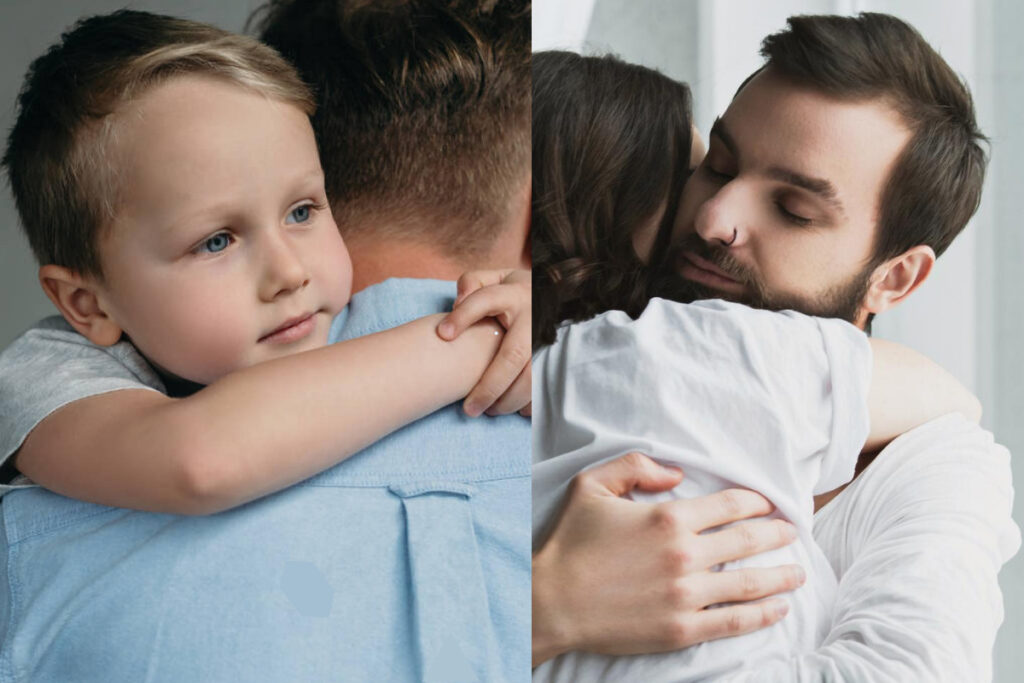 boy hugs father on one side man hugs woman on the other side