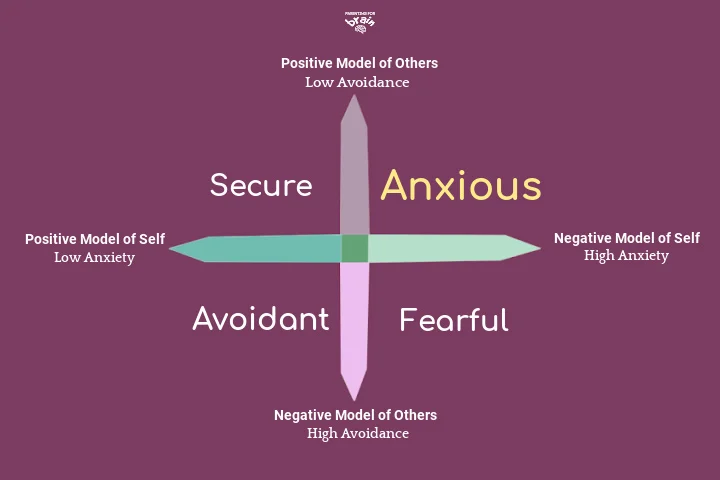 anxious attachment style chart depicts secure attachment, anxious attachment anxious avoidant attachment and fearful avoidant attachment