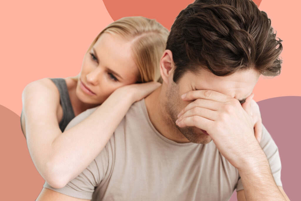 anxious avoidant attachment woman leaning on frustrated man