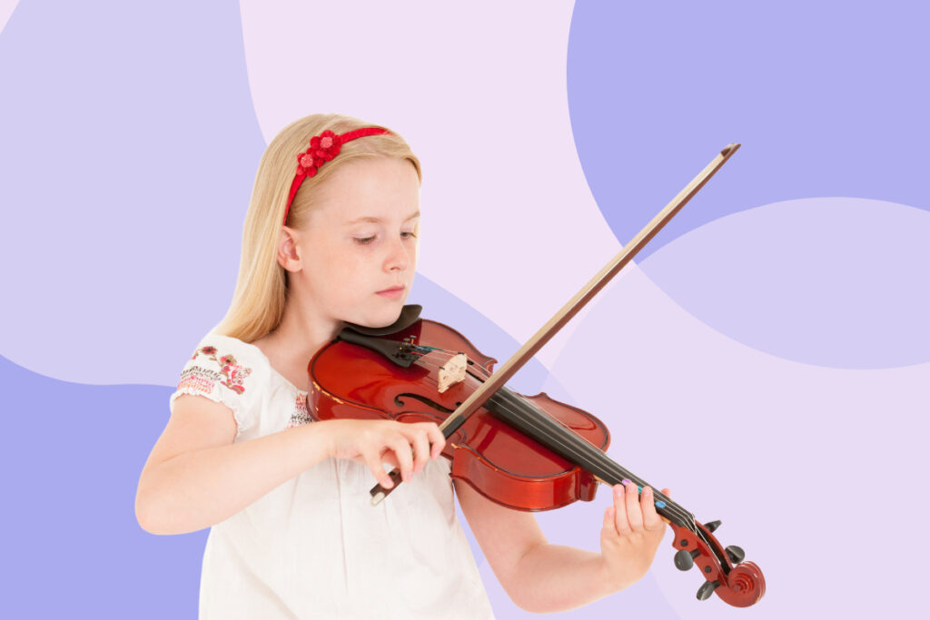 A 7-year-old girl holding a violin and confidently playing it with focused concentration