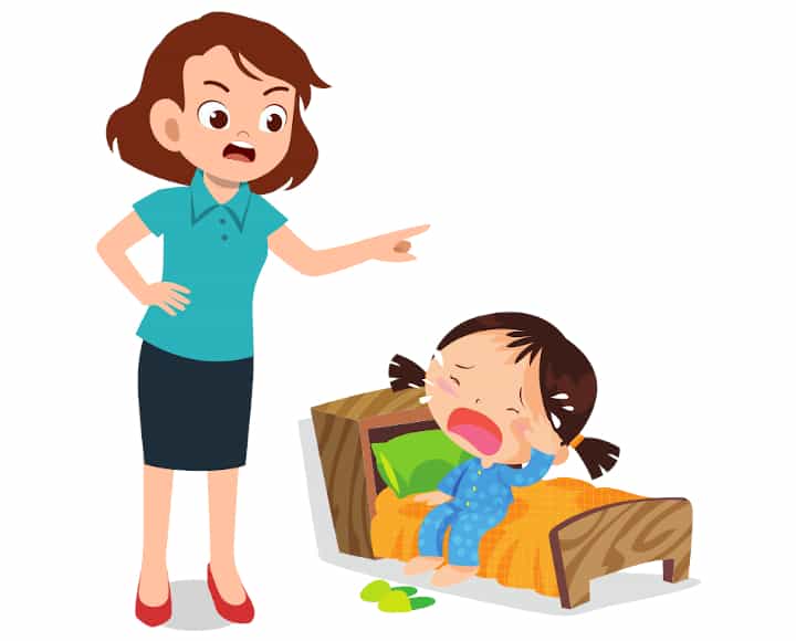 Mom points her finger and yells at girl. The girl is sitting on bed and crying. Scolding is an aversive stimulus. negative reinforcement psychology definition