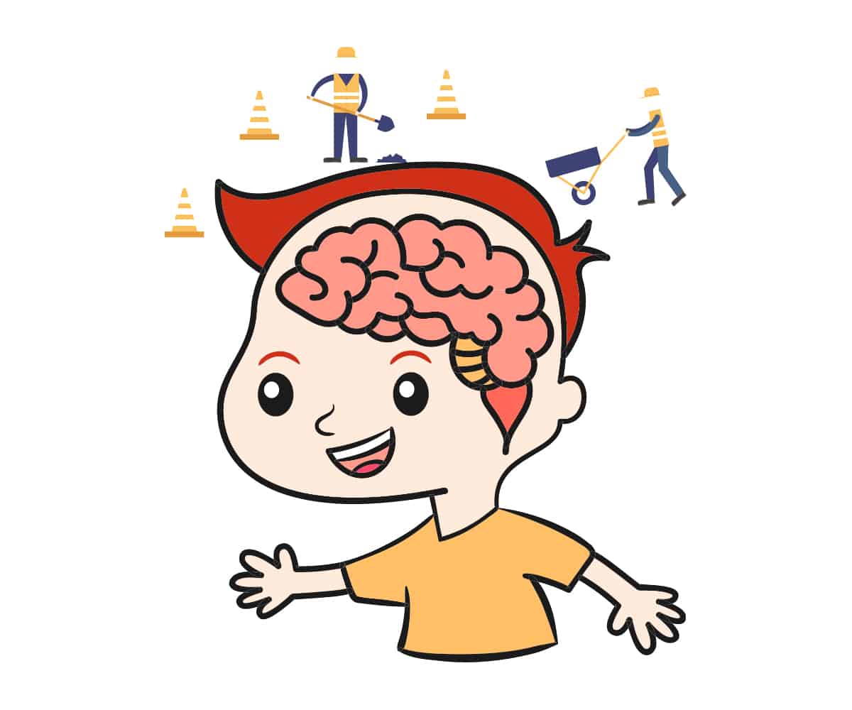Cartoon of a child with brain being worked on by construction workers - Emotional intelligence