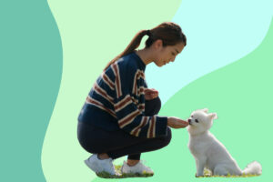 A woman bending down to feed her dog a treat. operant conditioning example