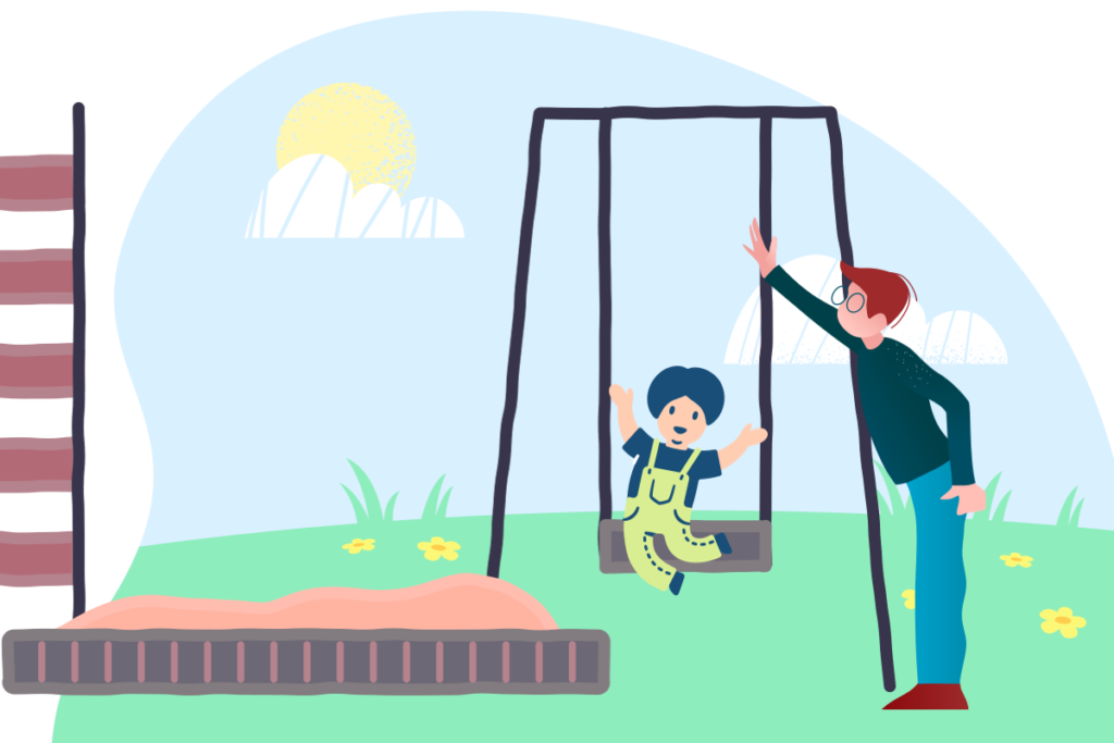 child plays on swing and dad watches