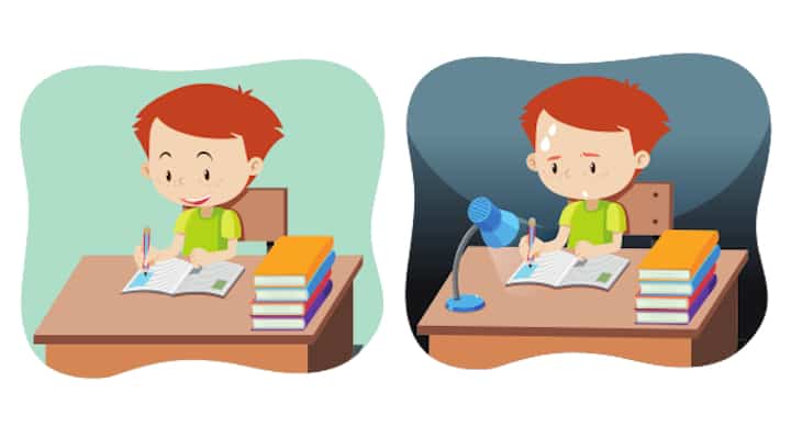 Child on left studies happily, child on right feels anxious studying - internal motivation