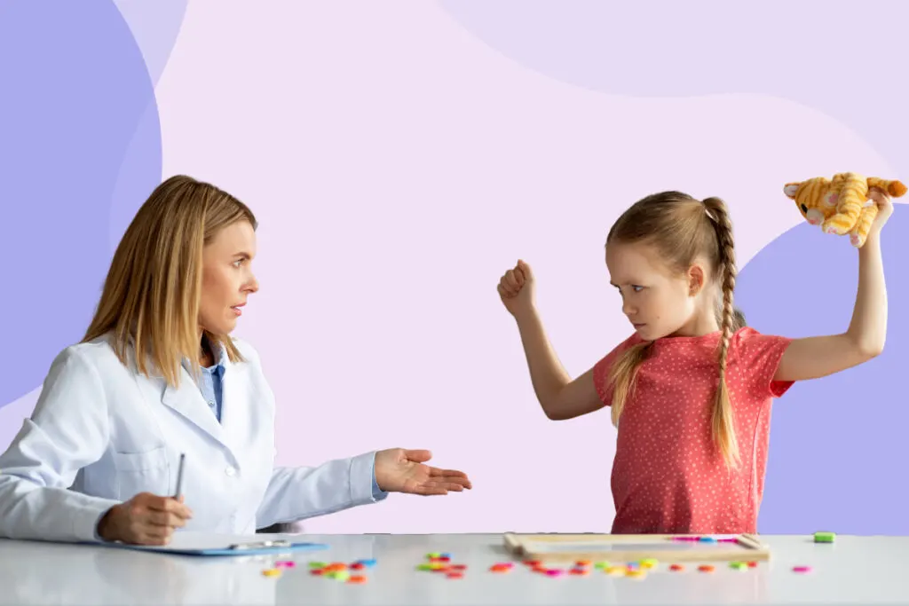 An angry girl raising her arms and frowning at her concerned doctor.
