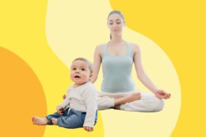 mother meditates next to baby son