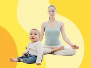 mother meditates next to baby son