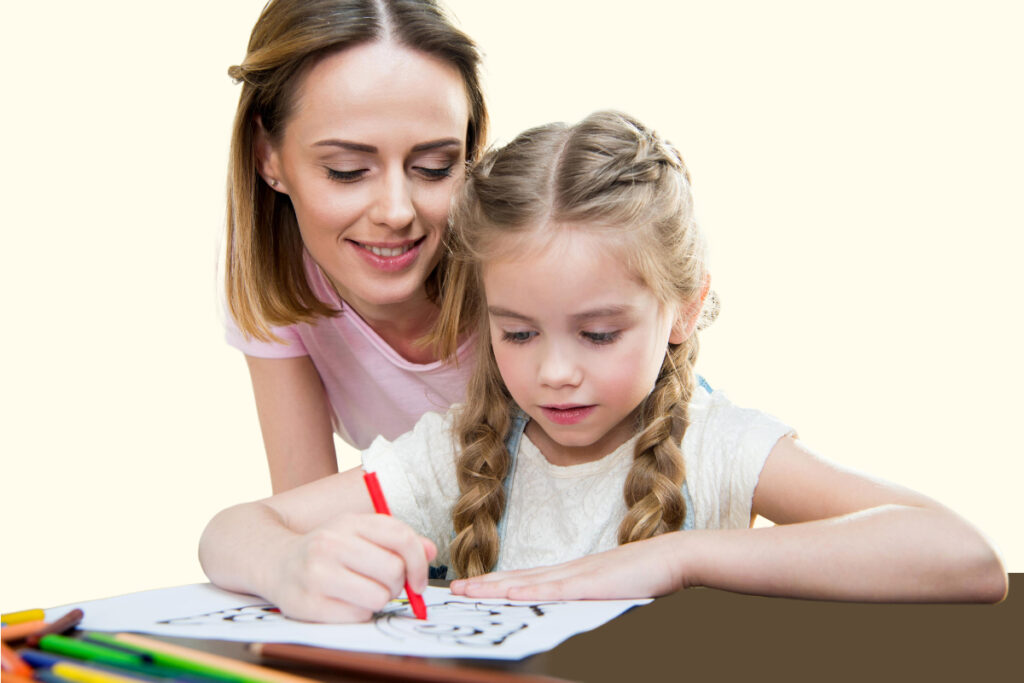 mother watches daughter color overjustifying the activity