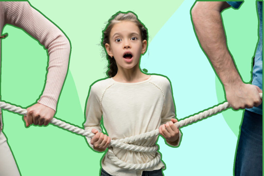 The daughter tied with a large rope, held by her mother and father at both ends