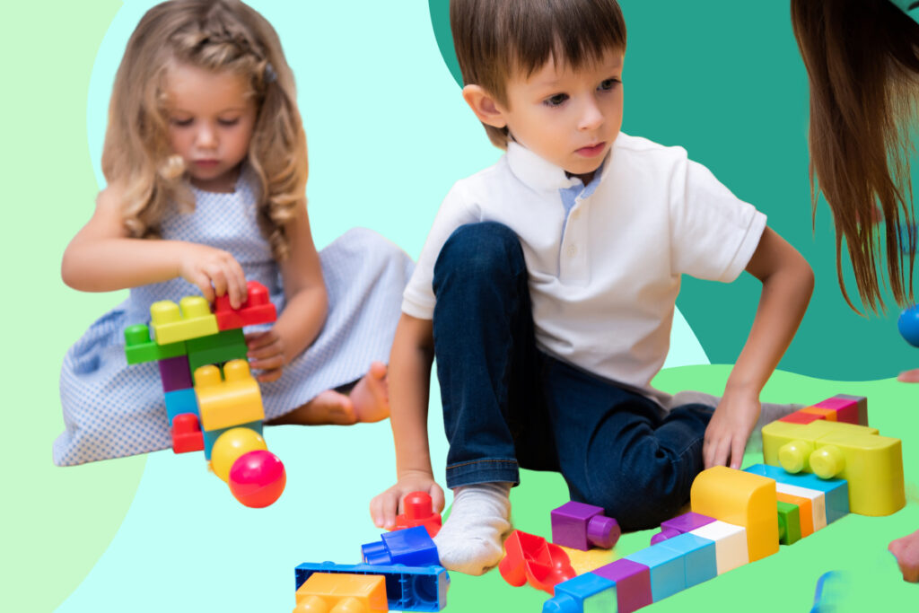 children play blocks together