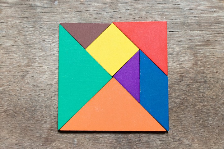Tangram in multiple color pieces is a great spatial puzzle to improve spatial awareness and visual spatial intelligence