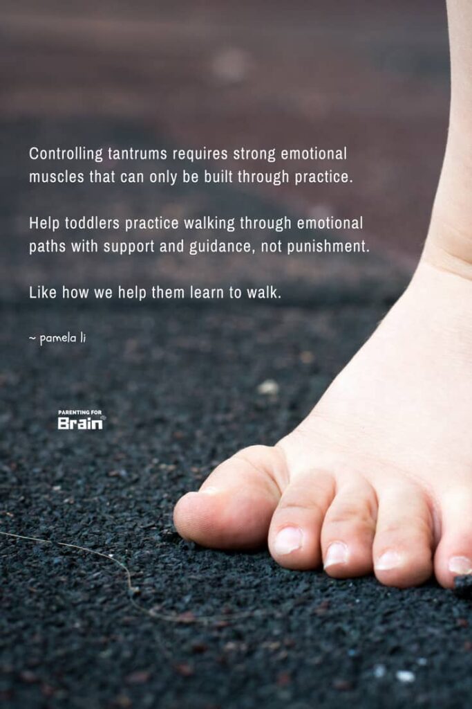 One year old baby's foot and quote "Controlling tantrum requires strong emotional muscle built through practice" to explain how to deal with temper tantrums