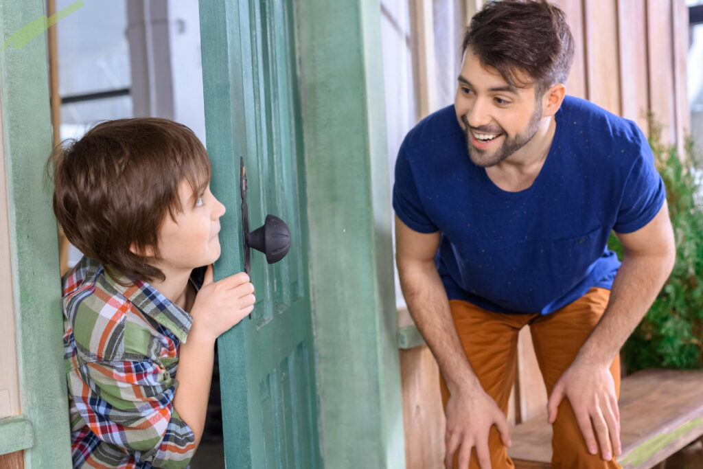 boy excited to see dad at the door in trace conditioning