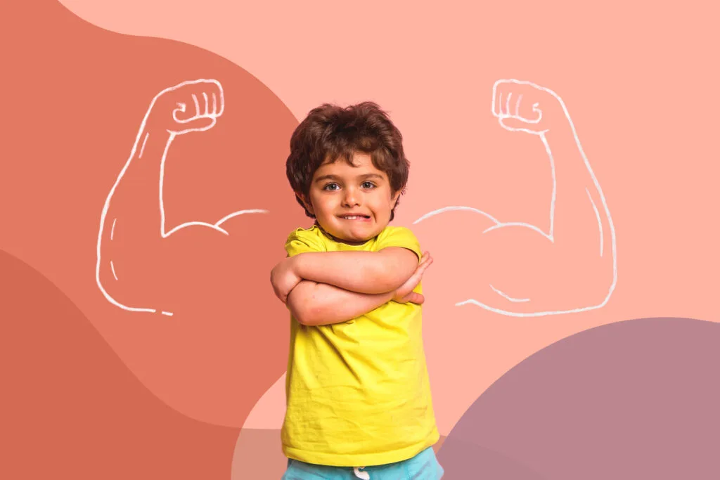 child with hand drawn muscle